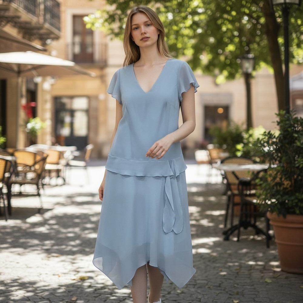 AGB Midi Dress 10P Light Blue Chiffon Ruffle Layered Flutter‎ Sleeve V-Neck